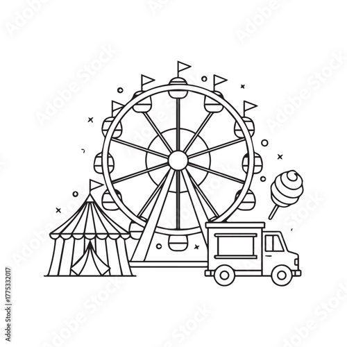 Funfair Carnival: Ferris Wheel, Food Truck and Tent Attractions