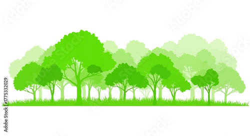 Green Forest Landscape with Tree Silhouettes and Grass
