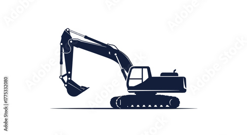 Silhouette of a dark blue excavator with its arm extended, isolated on a white background.