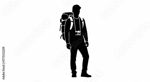 Silhouette of a person with a large backpack and camera, ready for travel or adventure.