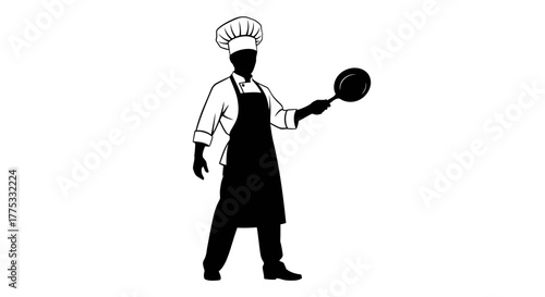 A black and white silhouette of a professional chef in a uniform with a hat and apron, holding a frying pan.