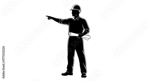 Silhouette of a construction worker or engineer in a hard hat holding blueprints and pointing forward, black and white graphic.
