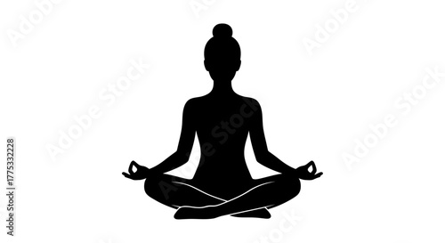 Black silhouette of a woman sitting in a lotus yoga pose for meditation and mindfulness.