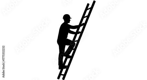 Silhouette of a construction worker climbing a ladder against a white background.