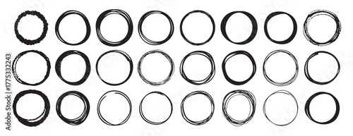 Abstract hand drawn vector circles, round shapes, scribble swirl minimalist elements for design, background logo rough ink drawing