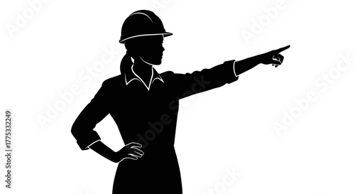 Black silhouette of a female engineer or construction manager in a hard hat pointing forward.