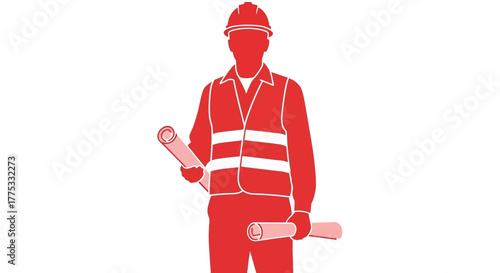 Red graphic illustration of a construction worker wearing a hard hat and safety vest while holding blueprints.