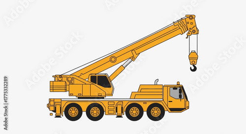 Side view of a yellow mobile crane with its boom extended, ready for lifting.