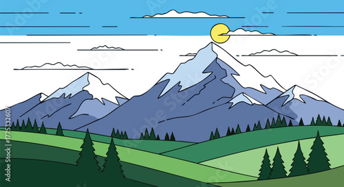 Scenic Mountain Landscape Illustration Outdoors Adventure and Tranquility