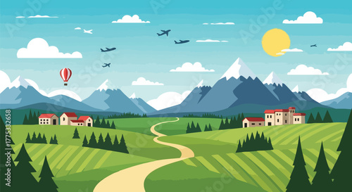 Serene Countryside Landscape Illustration with Mountains Fields and Hot Air Balloon