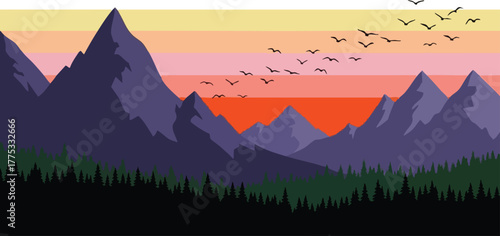 Minimalist Mountain Landscape at Sunset with Birds Flying Overhead