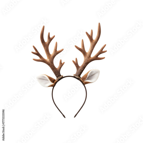 Festive Christmas reindeer antler headband with soft furry ears a fun costume accessory isolated on a white background.