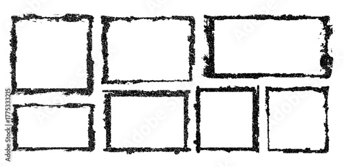 A collection of seven abstract frames, each with a distinct grunge texture and varying rectangular and square shapes, set against a stark white background offers versatile design elements