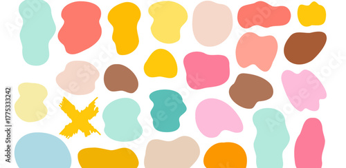 Pastel blobs with abstract shapes and a playful yellow x design create a modern and colorful background on a clean white surface, perfect for adding a whimsical touch