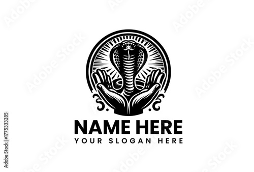 Emblem of a king cobra held in human hands, a powerful spiritual symbol. Black and white circular logo design, vector graphic illustration 84.eps