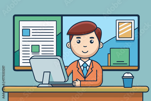 Cartoon journalist checking facts on a computer in the office