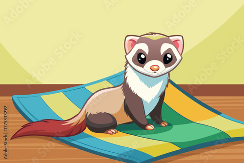 Cute Cartoon Ferret Sitting On a Colorful Striped Blanket