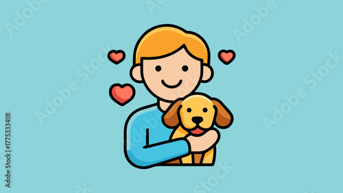 Person hugging happy dog with hearts in a loving embrace