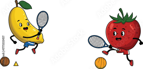 Banana, strawberry, cartoon fruits, playing tennis, fun sports, healthy lifestyle, kids illustration, active characters, whimsical scene, fruit match, energetic moment