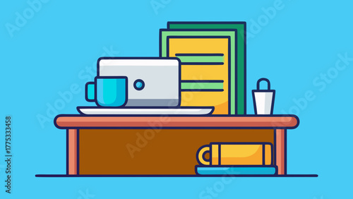 Clean Office Desk with Laptop and Stationary Icon