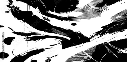 Dynamic monochrome illustration showcasing bold black shapes and textured brushstrokes, creating a striking visual contrast against the crisp white background with abstract patterns