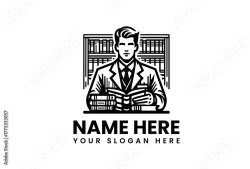 Classic black and white logo illustration of an educated man with books. Professional emblem for law, finance, or a university. Vector design 87