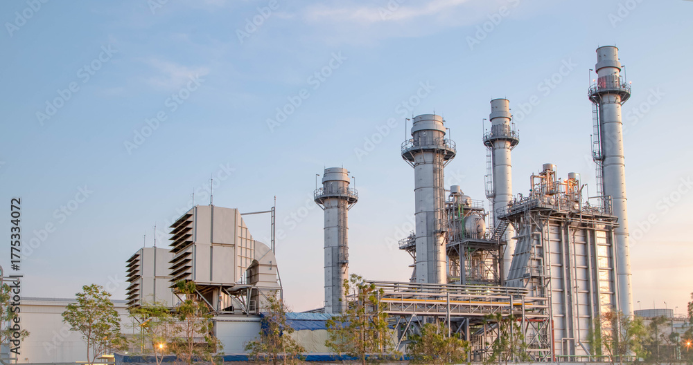 Obraz premium Power station clean modern factory Petroleum petrochemical industry building outdoors landscape wide for banner background