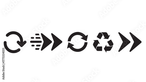 Black recycling arrow symbols in a row on transparent background silhouette