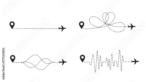 Travel route icons with location pins and planes silhouette on transparent background