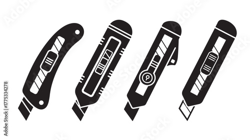Four utility knife designs in varying positions on transparent background silhouette