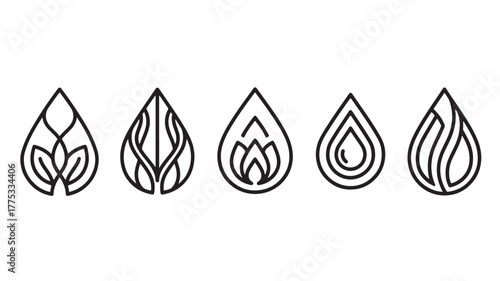 Five unique water droplet designs with intricate details on transparent background silhouette