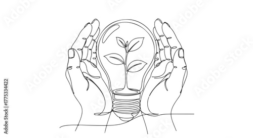 One Line Continuous Drawing of Hands Holding a Lightbulb with Plant, Energy Conservation Concept