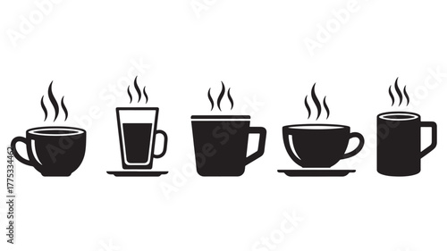 Five different coffee cup styles arranged horizontally on transparent background silhouette