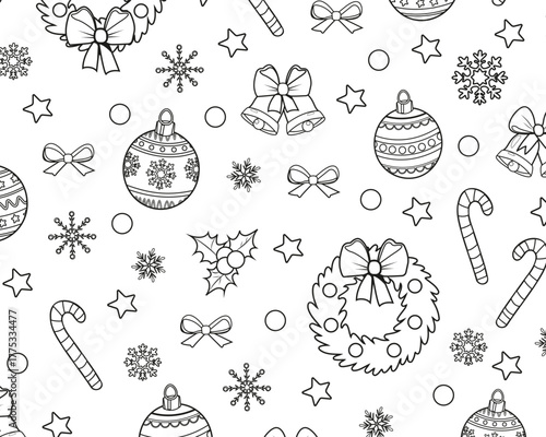Black and white Christmas pattern with wreaths and baubles