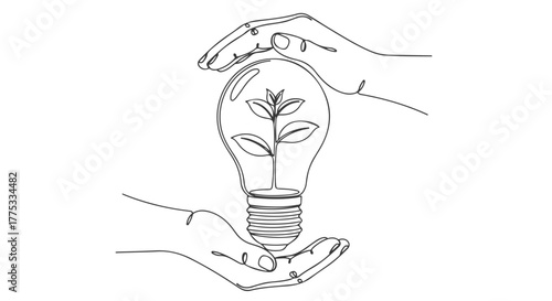 A minimalist one continuous line drawing of hands cupping a lightbulb with a plant inside, symbolizing green energy and eco innovation