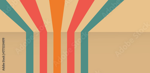 Retro design with vertical stripes in beige, orange, teal, and red creating a geometric pattern that evokes a vintage, stylish, and visually striking background or wallpaper