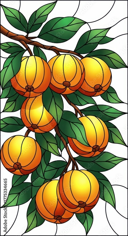 Obraz premium Illustration of stained glass style illustration of a branch laden with ripe yellow fruits and green leaves. Vibrant stained glass art featuring a branch laden with golden apples illustration