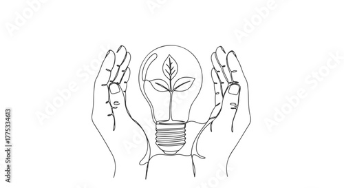 Continuous One Line Drawing Hands Holding Light Bulb with Plant, Sustainable Energy and Environmental Protection