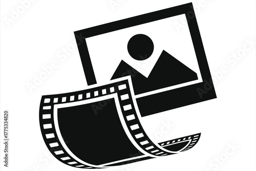 Black and White Icon: Film Strip Unrolling with a Picture Frame Overlay, Symbolizing Photography and Movie Media