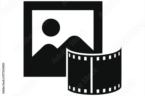 Photo and Film Strip Icon. Vector Silhouette of a Picture Frame and Curled Movie Film for Media, Gallery, Memory, Photography, and Video Production Graphics