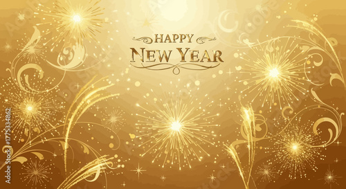 Golden New Year's Eve fireworks display with ornate swirls and sparkling lights.