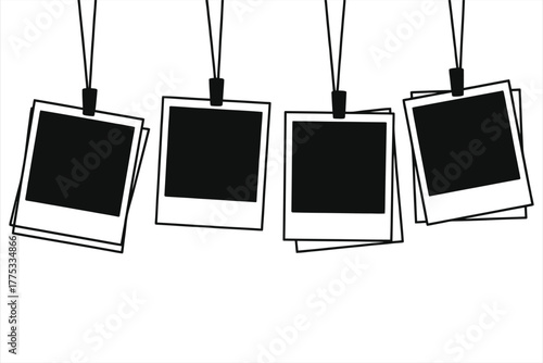 Instant Photo Prints Hanging on Line Silhouette. Vector Black and White Illustration of Blank Retro Instant Film Frames attached with Clothespins, ideal for Memory and Photography Concepts.