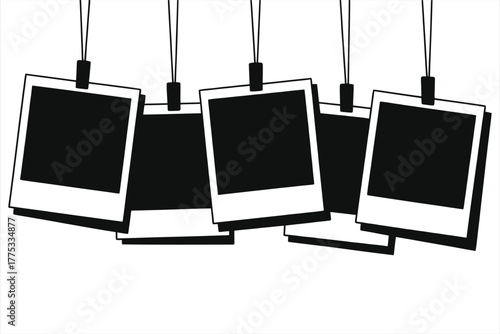  Set of Five Hanging Black and White Polaroid Photo Frames with Blank Spaces, Icon for Memories and Retro Photography