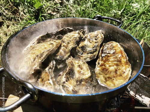 Oysters cooked in a Dutch oven