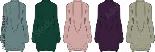 Fashion flat vector illustration featuring a women's long-sleeve, high-neck tunic in a range of five distinct color variations, perfect for apparel design mockups