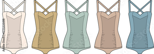 Collection of retro-inspired one-piece swimsuits or bodysuits in a muted color palette. Vintage fashion design concept with technical flat sketches