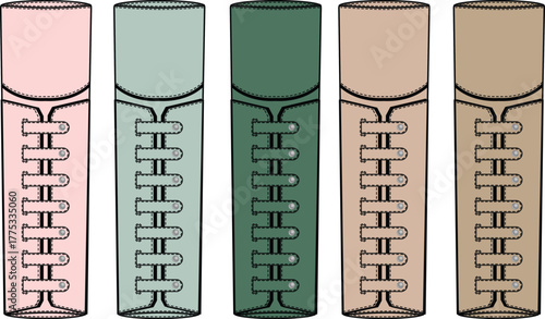 A row of five different colored shoe laces, each representing a unique hue and texture variation