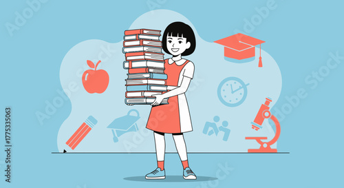 Young Student Holding Numerous Books Symbolizing Education Concepts and Learning Opportunities