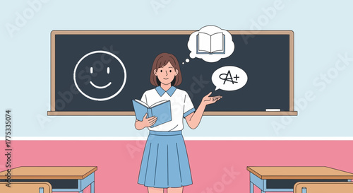Young Student Presenting Her Education In Classroom With Blackboard Background