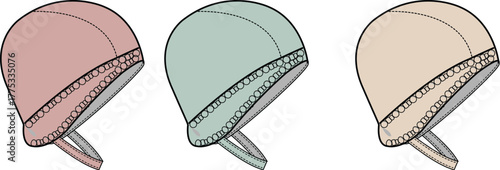 Three swimming caps in different colors pink, mint green, and beige, showing their design and construction